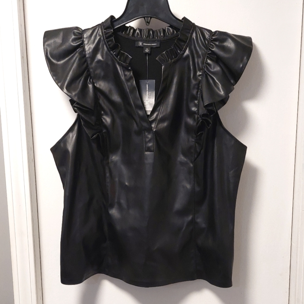 INC International Concepts Black Ruffle Top Faux leather
